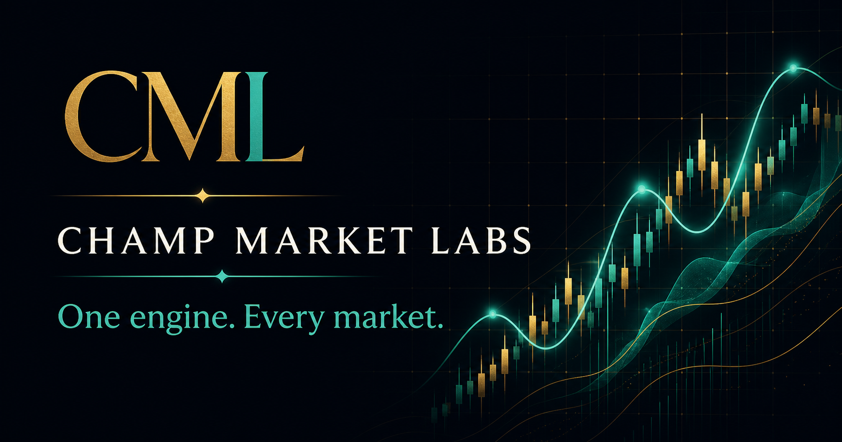Champ Market Labs — One engine. Every market — with gold and teal market analysis graphics
