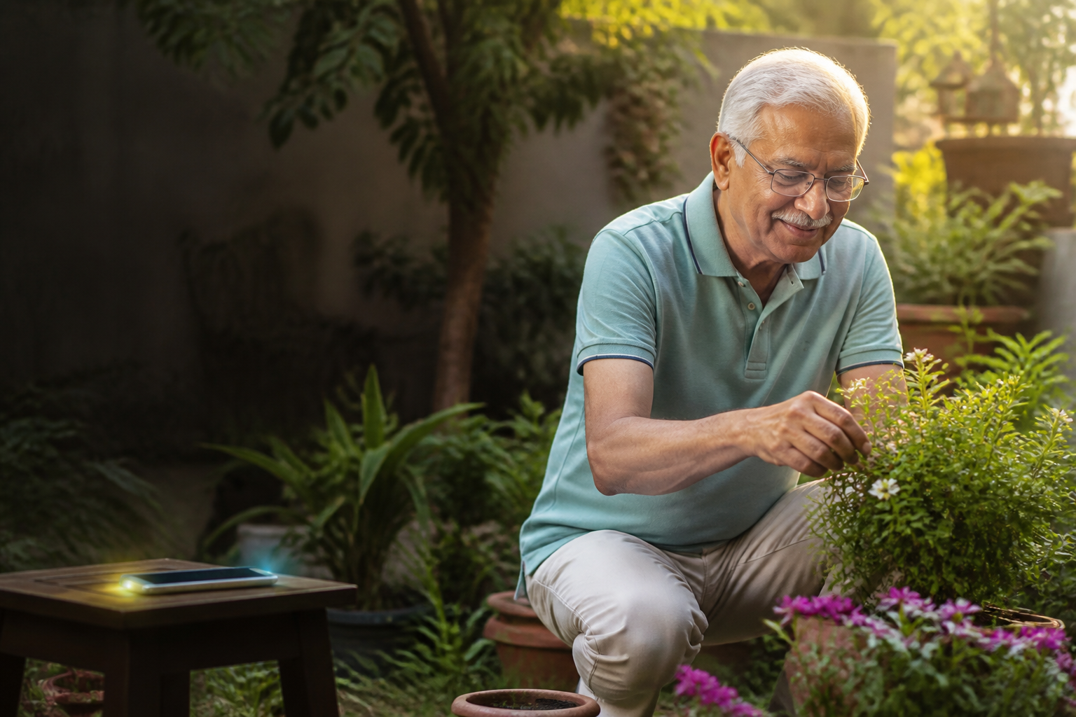 An older man enjoying time gardening at home