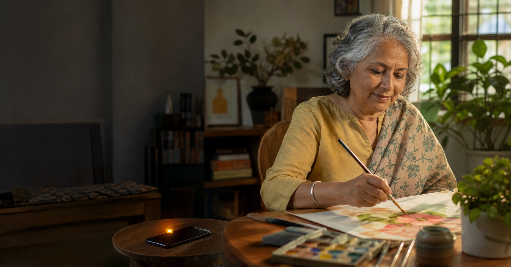An older woman enjoying an afternoon painting at home