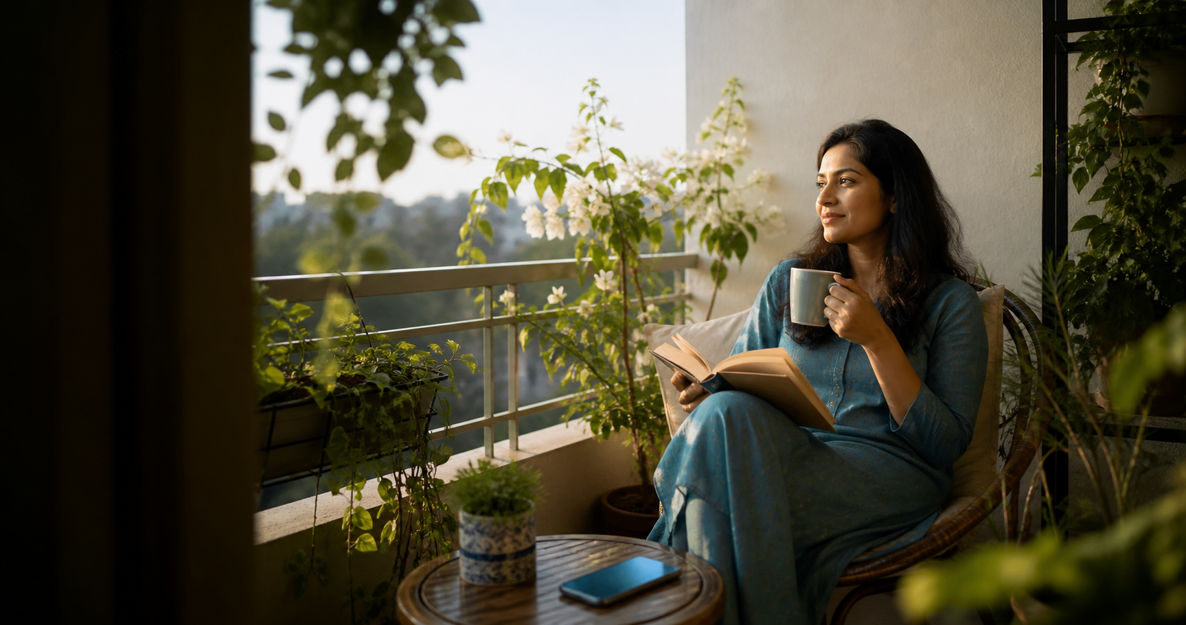 A woman relaxing with tea and a book on her balcony