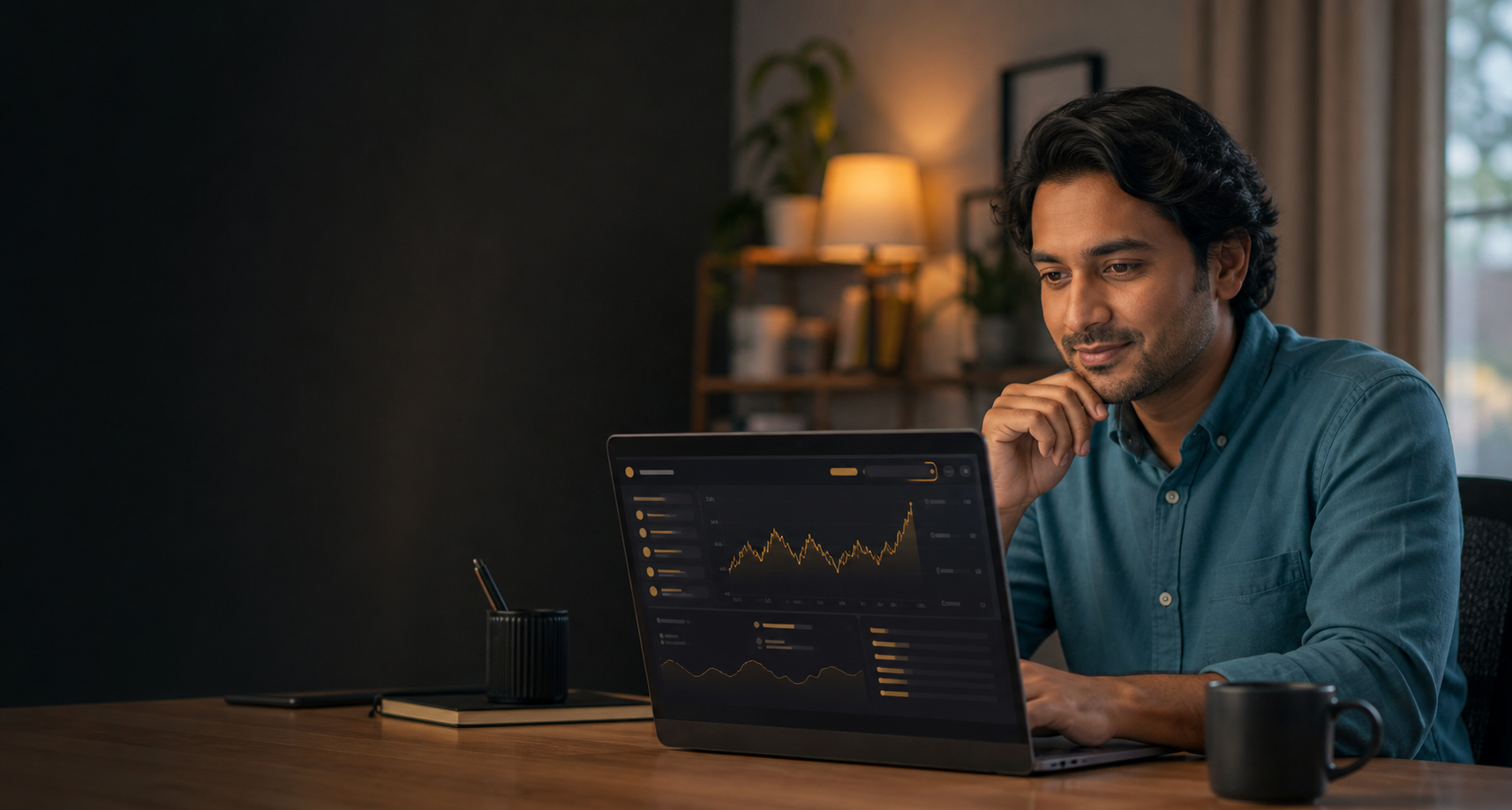 A professional reviewing a gold trading account at home